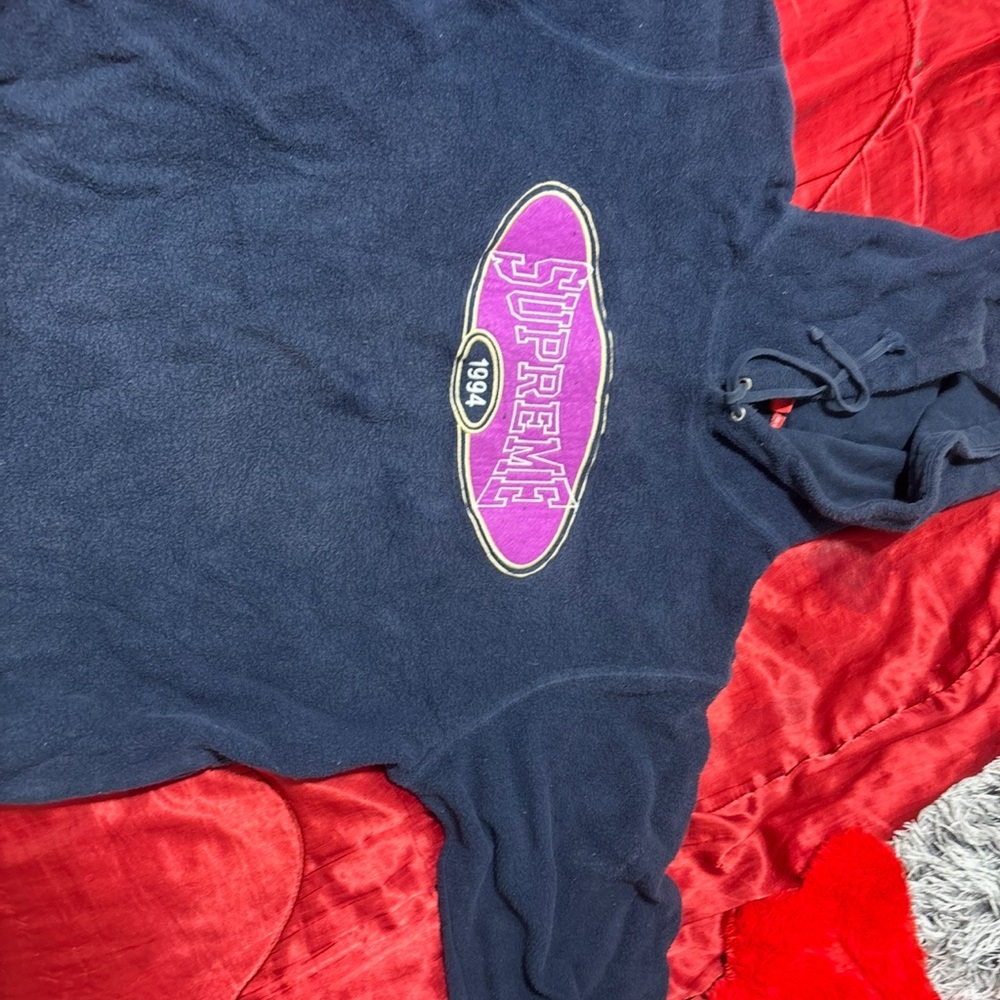 Supreme Dark Blue Hoodie with Pink Logo